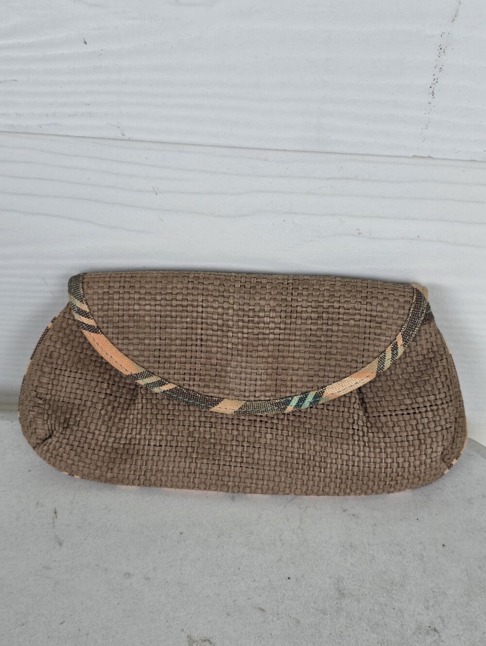 VTG 1969 Gap Jeans Brown Woven Clutch Handbag Plaid Trim Wristlet Boho Purse